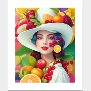 А woman with a white hat and some colorful fruity Posters and Art